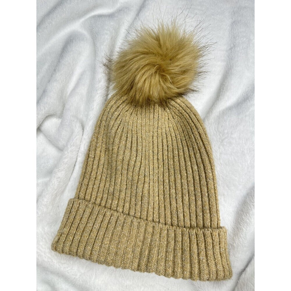 Lane Bryant Hat Beanie Womens One Size Beige Ribbed Knit Faux Fur Pom Winter